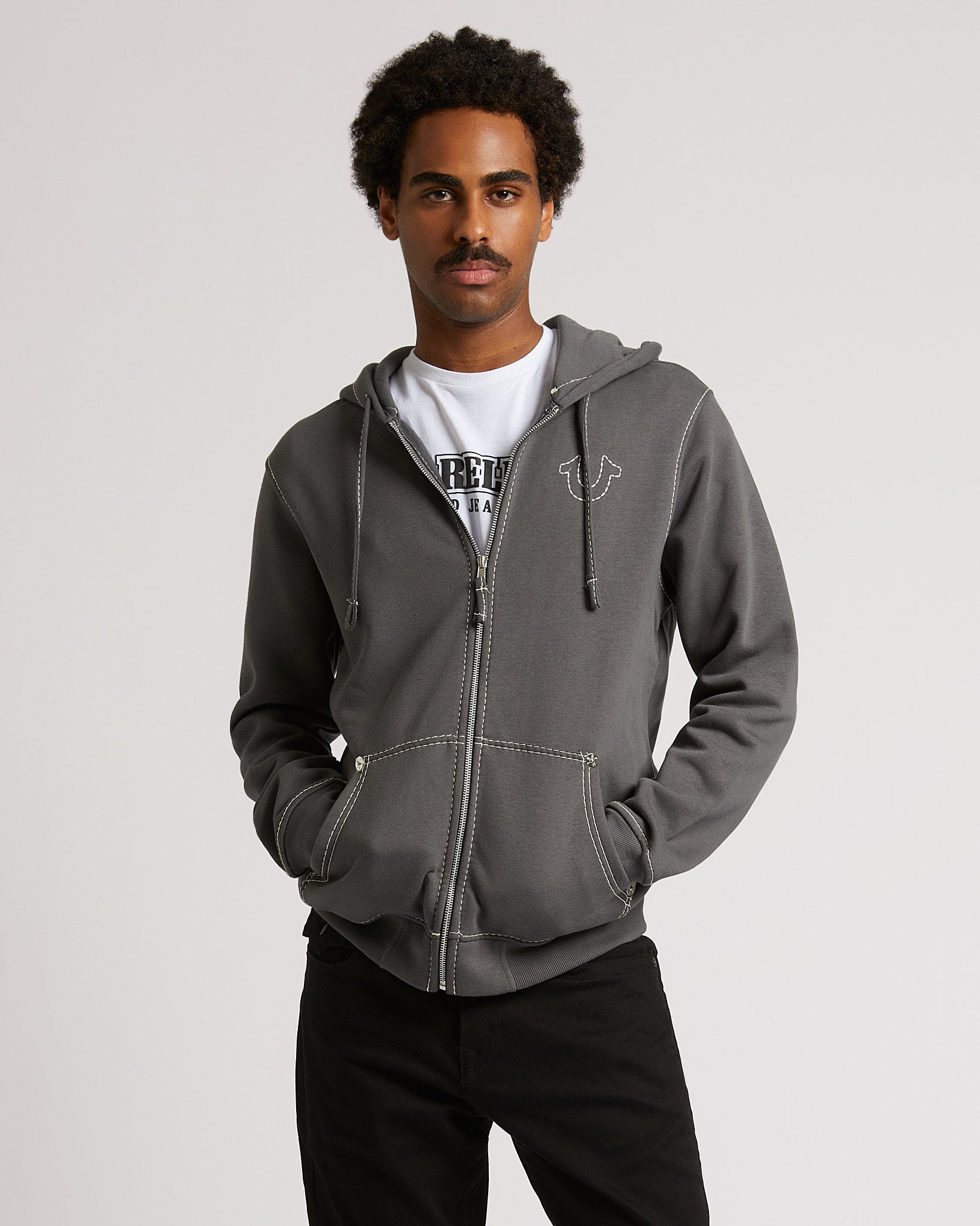 BIG T ZIP UP HOODIE - IRON GATE