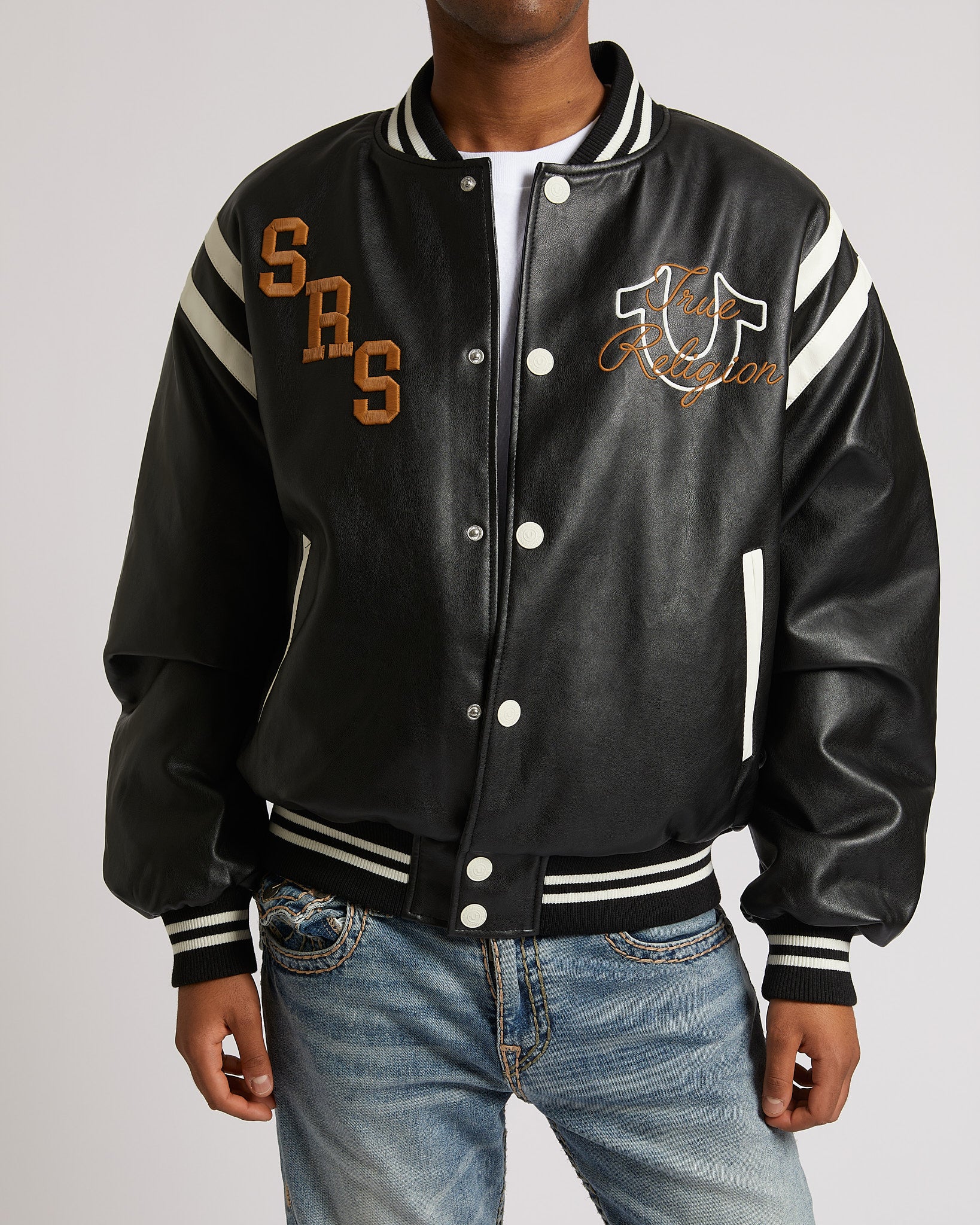 RETRO PU VARSITY JACKET - JET BLACK