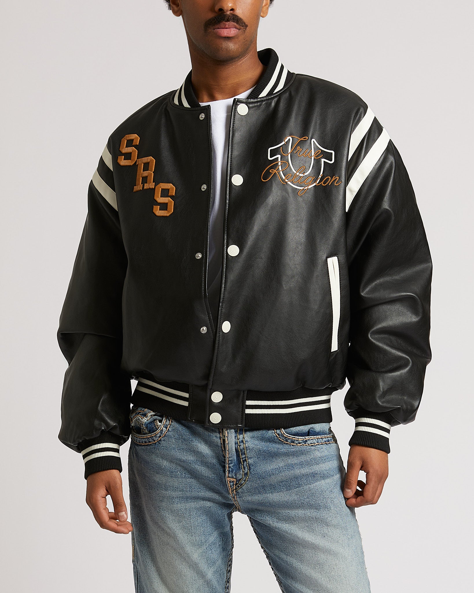 RETRO PU VARSITY JACKET - JET BLACK