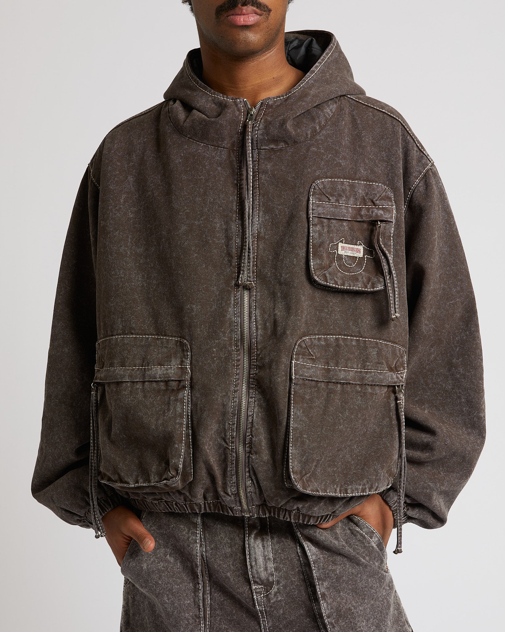 BIG T CINCHED HOODED WRKWR JKT - BROWN ACID WASH