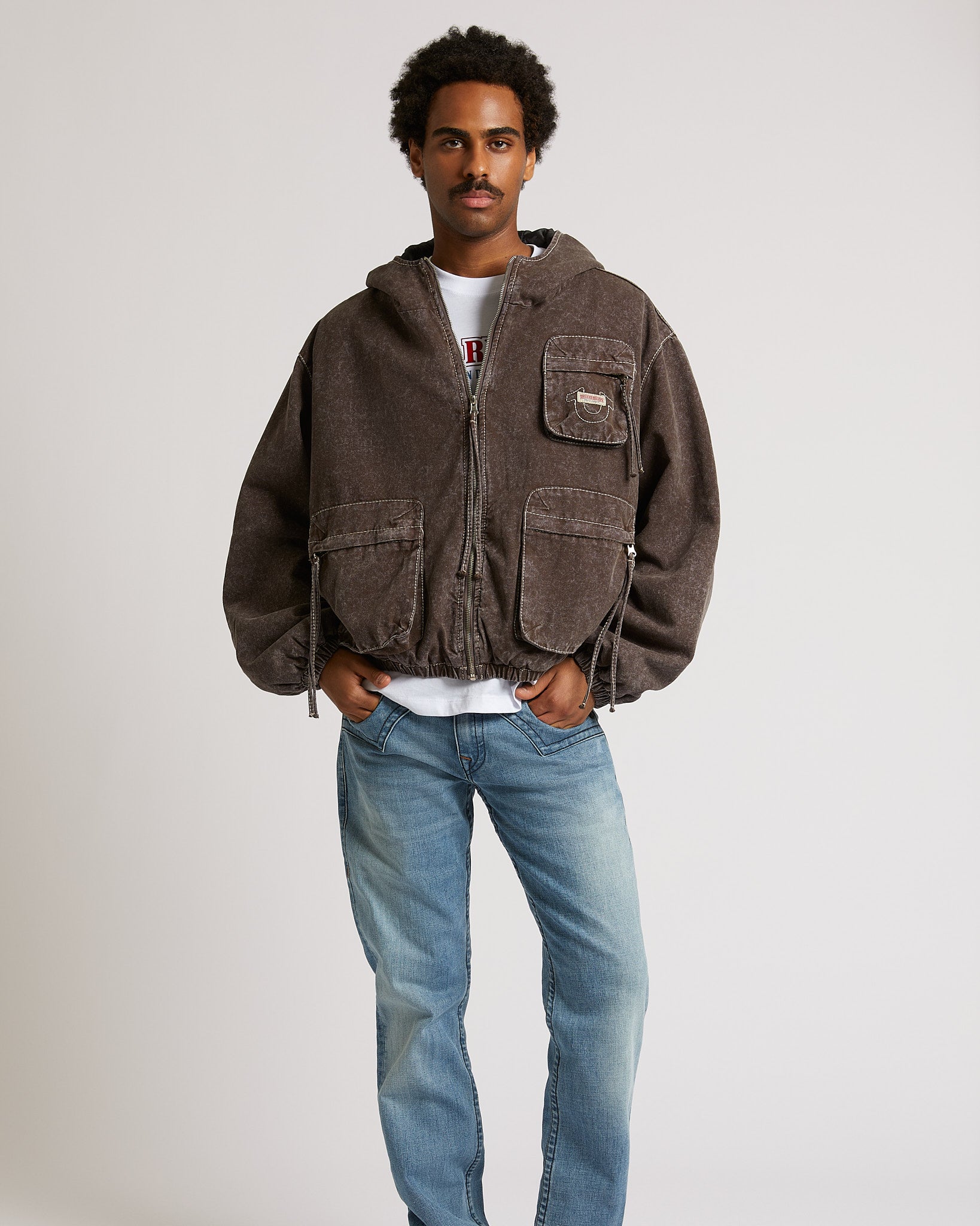 BIG T CINCHED HOODED WRKWR JKT - BROWN ACID WASH