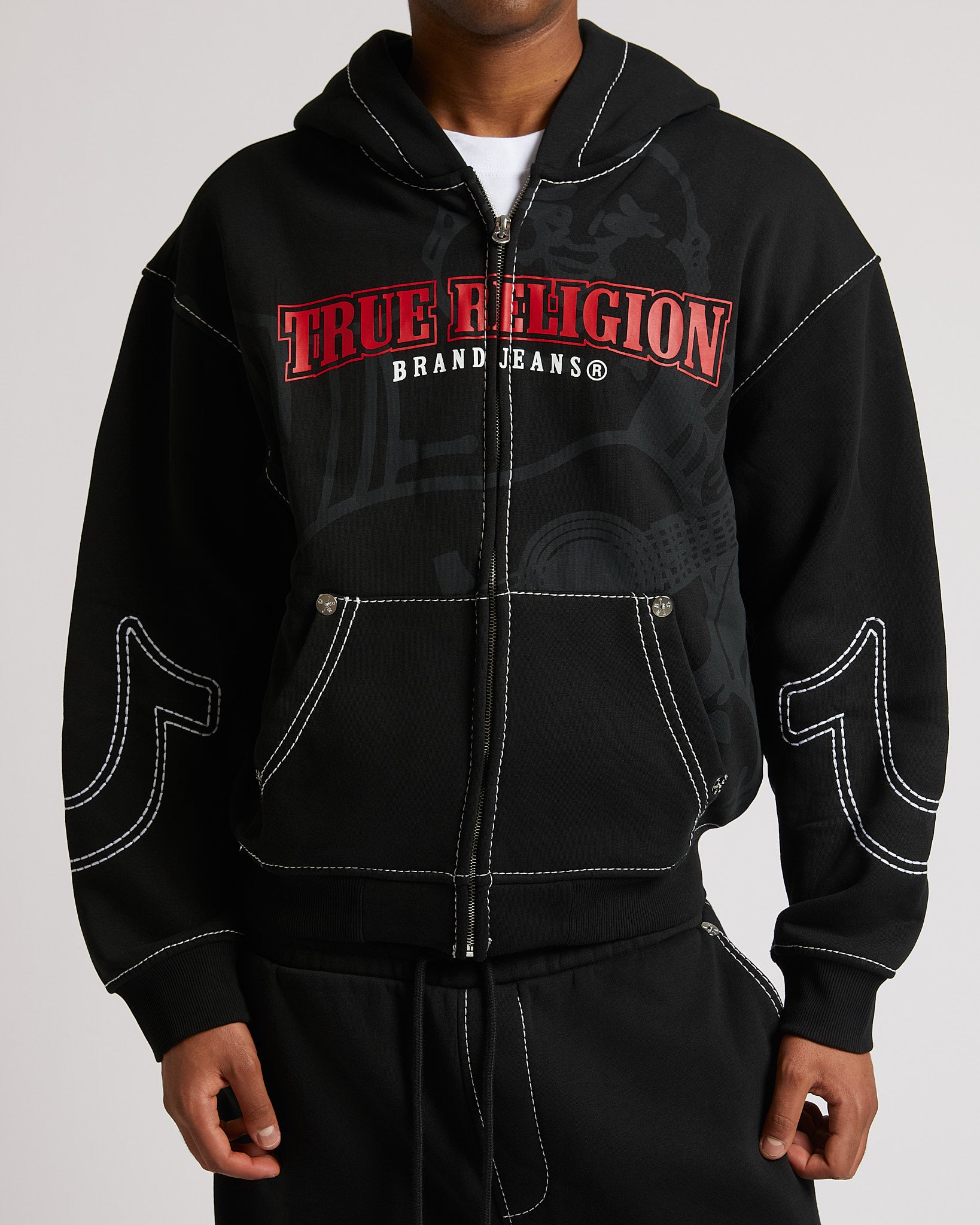 CINCHED BIG T ZIP UP HOODIE - JET BLACK