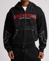CINCHED BIG T ZIP UP HOODIE - JET BLACK