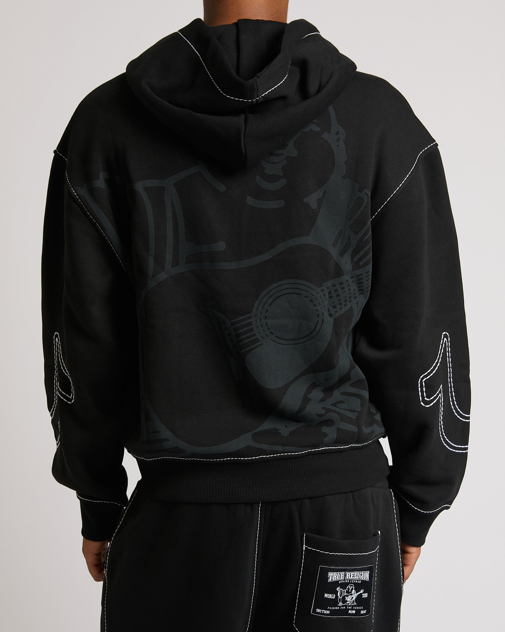 CINCHED BIG T ZIP UP HOODIE - JET BLACK