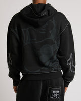 CINCHED BIG T ZIP UP HOODIE - JET BLACK