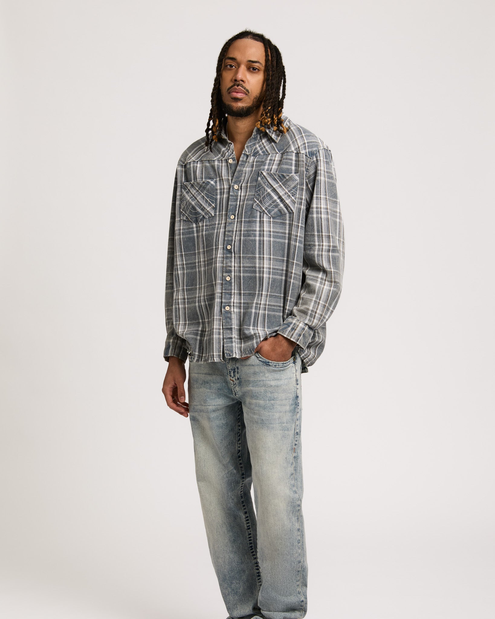 BLEACHED HS FLANNEL SHIRT - BLUE / GREEN PLAID
