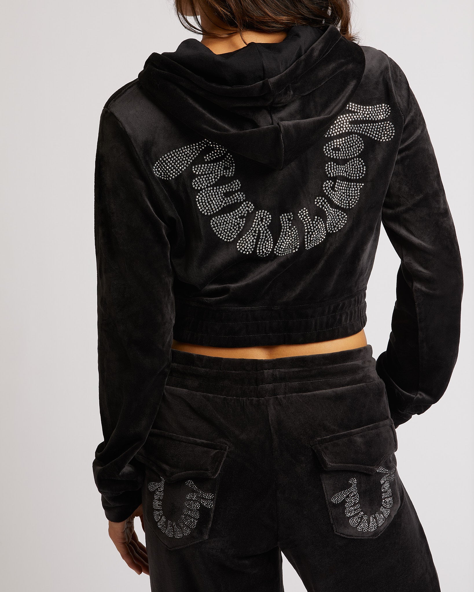 CRYSTAL VELOUR ZIP HOODIE - JET BLACK