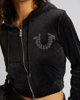 CRYSTAL VELOUR ZIP HOODIE - JET BLACK