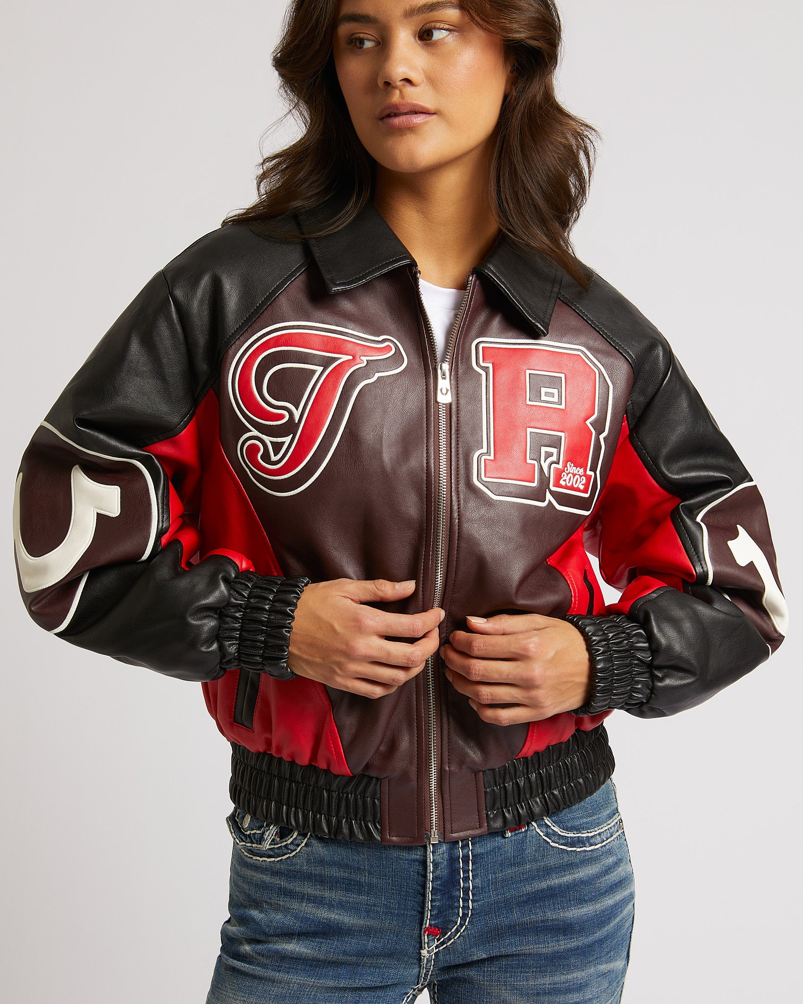 COLOR BLOCKED PU VARSITY JACKET - RED MULTI
