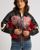 COLOR BLOCKED PU VARSITY JACKET - RED MULTI