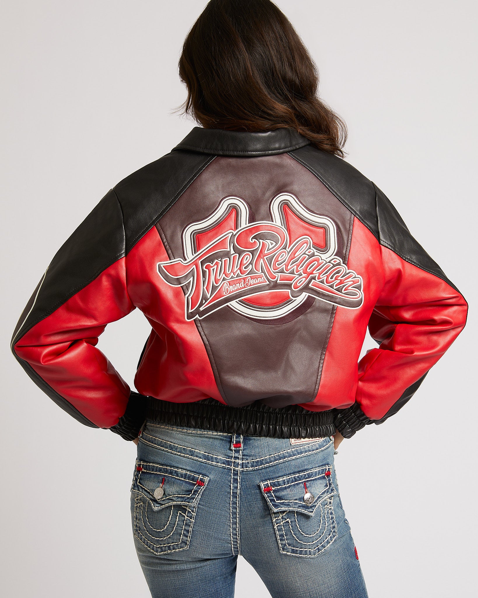 COLOR BLOCKED PU VARSITY JACKET - RED MULTI