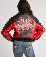 COLOR BLOCKED PU VARSITY JACKET - RED MULTI