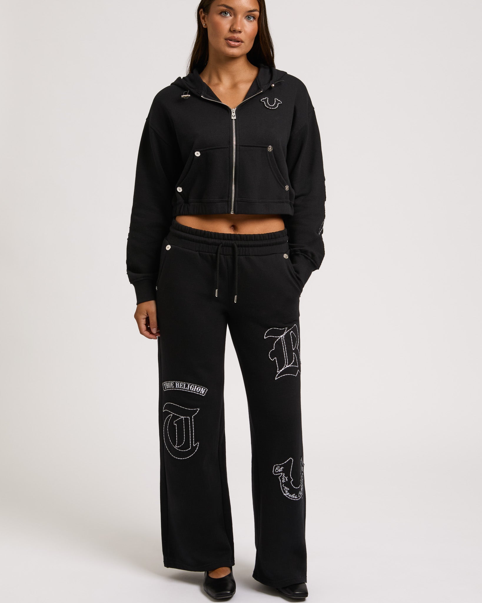 BRANDED APPLIQUE WIDE LEG PANT - JET BLACK
