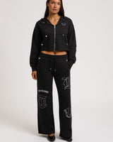 BRANDED APPLIQUE WIDE LEG PANT - JET BLACK