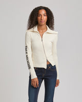 EMBROIDERED ASYM ZIP SWEATER - WINTER WHITE