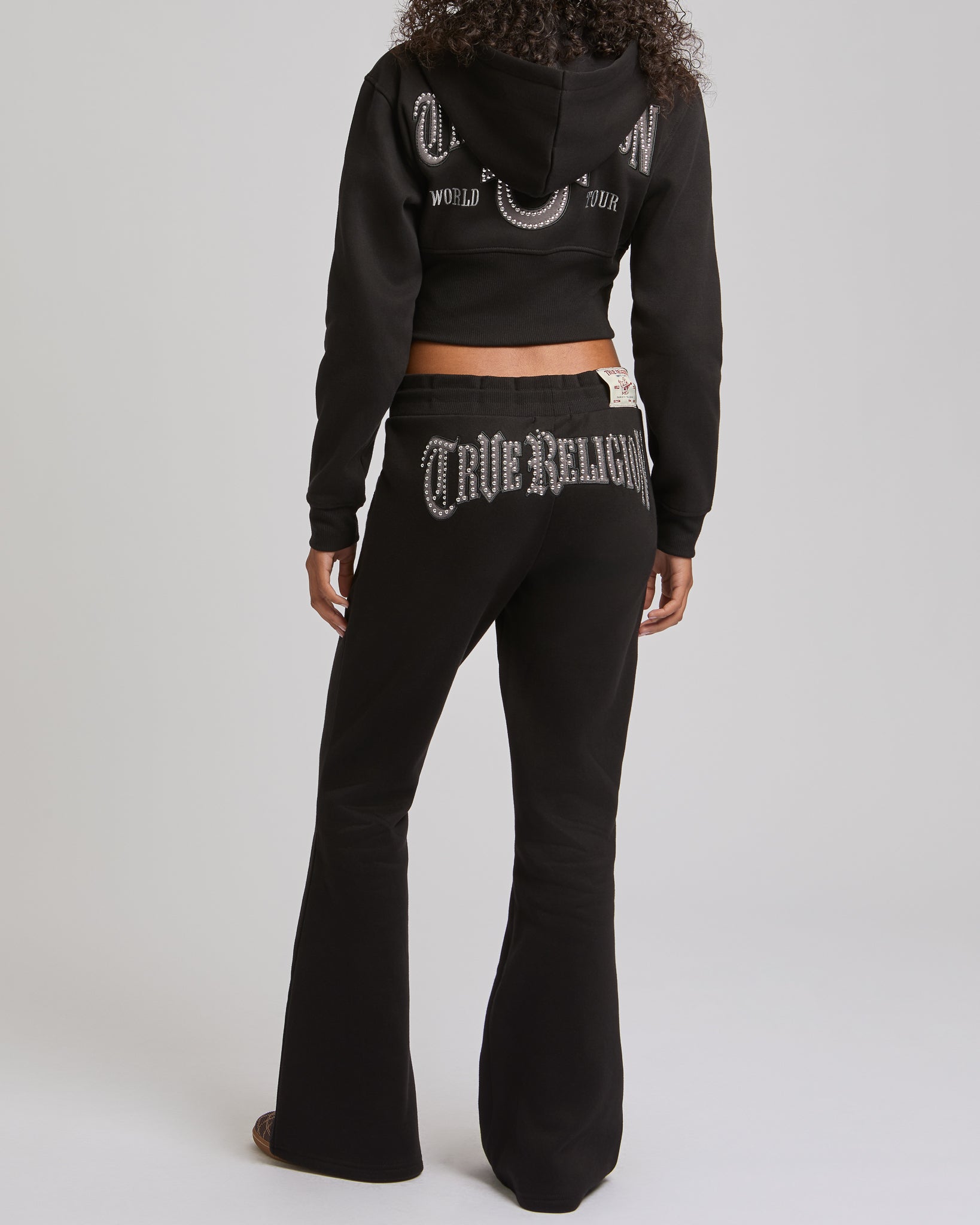 STUDDED MR FLARE PANTS - JET BLACK