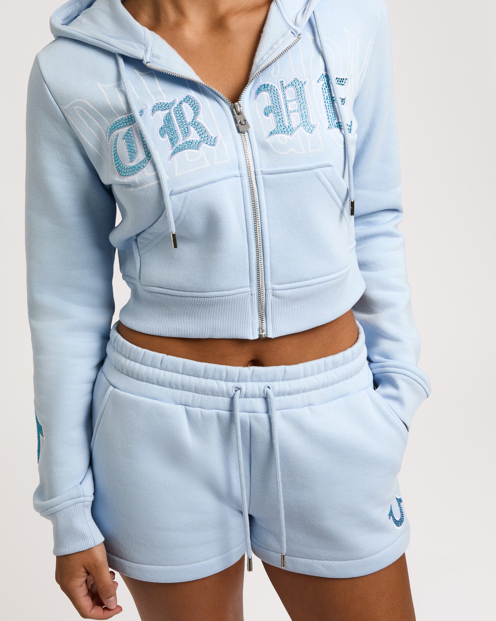 EMBROIDERED SHRUNKN ZIP HOODIE - CASHMERE BLUE