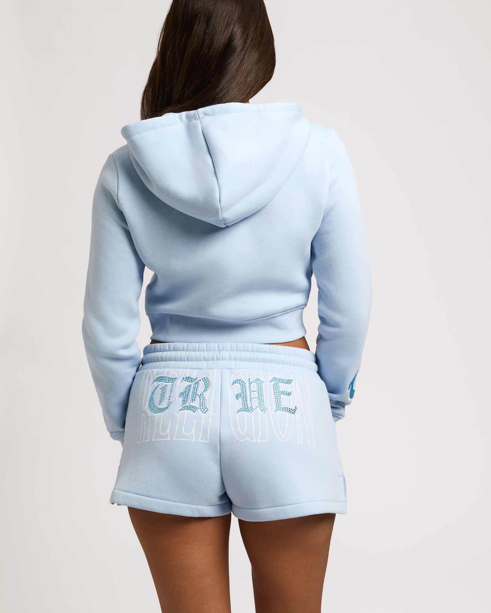 EMBROIDERED SHRUNKN ZIP HOODIE - CASHMERE BLUE